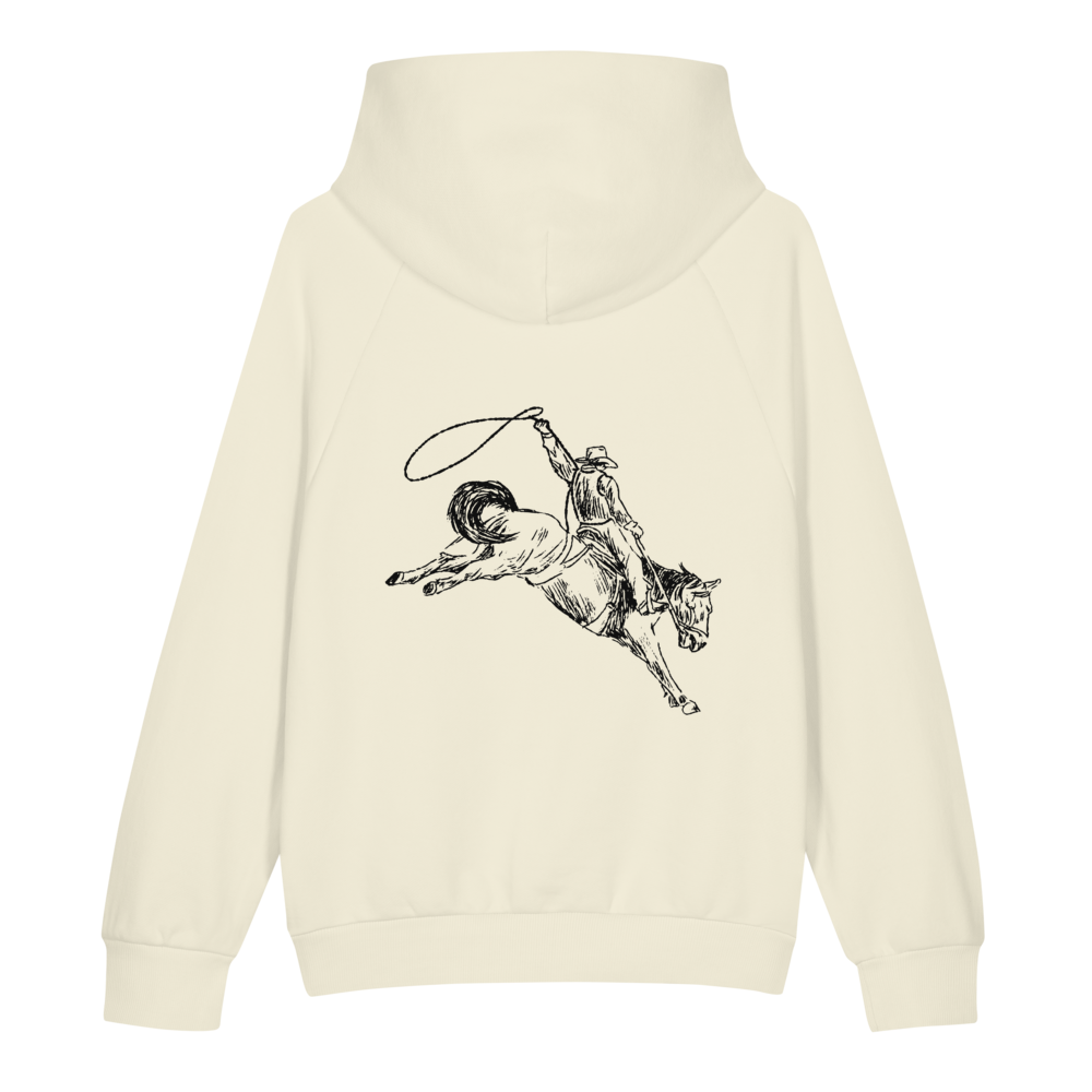Rodeo Hoodie in cream, back — rodeo rider print