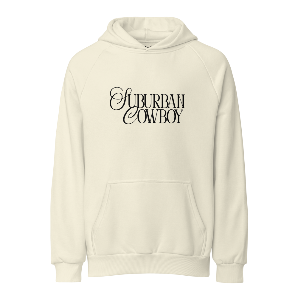 Rodeo Hoodie in cream, front — Suburban Cowboy wordmark